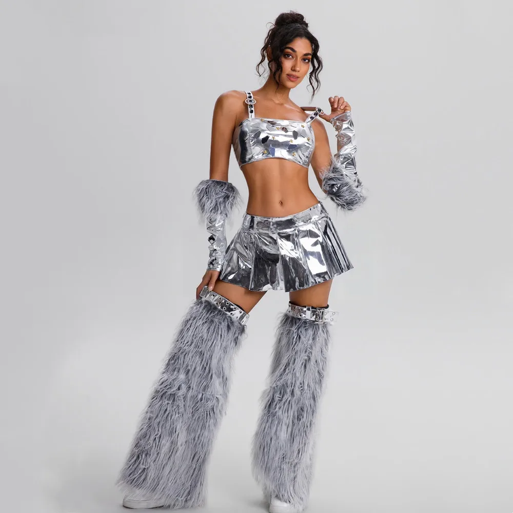 Silver Mirror Crop Top PU Leather Mini Skirt Set Women Drag Queen Costume Gogo Singer Dance Team Nightclub Costume Rave Outfit