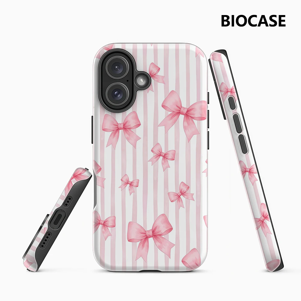 حافظة لهاتف آيفون 17 بنمط مخطط بفيونكة وردية يجب اقتناؤها لهاتف آيفون 17 16 15 14 13 12 برو ماكس بلس غطاء خلفي مزدوج الطبقة