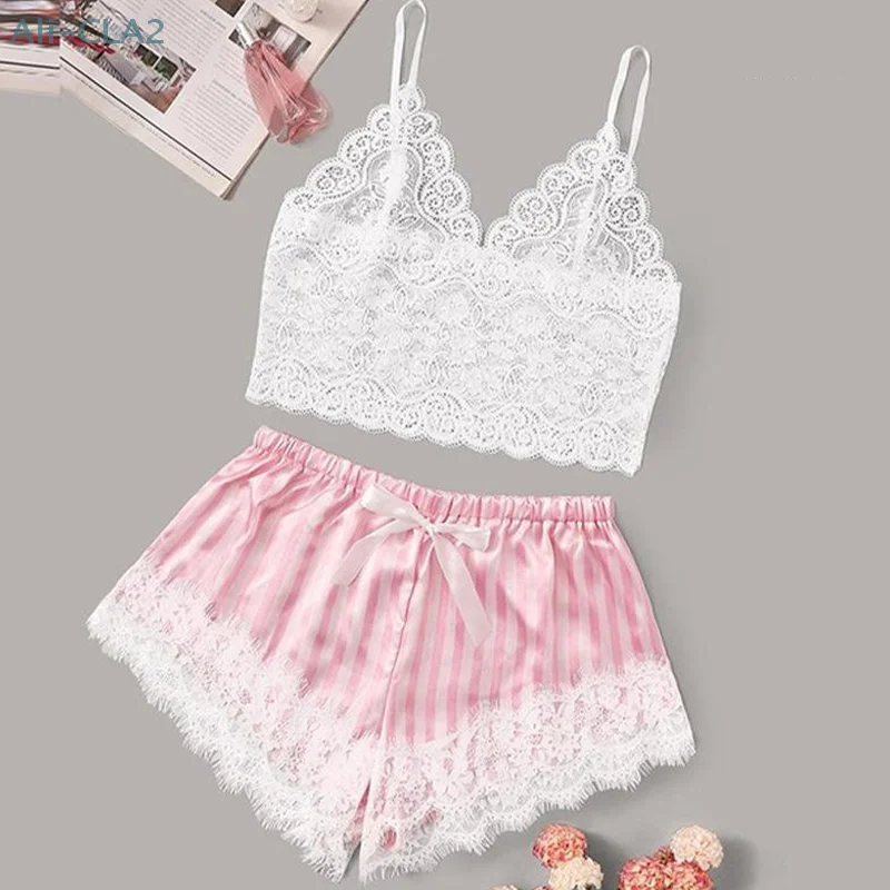 Two Pieces Women V-Neck Sexy Lace Patchwork Suspender Satin Pajamas Shorts Set