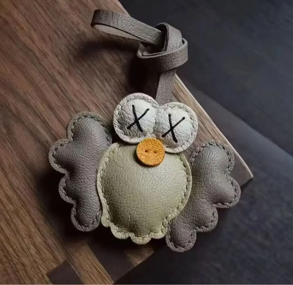 

Genuine leather cowhide sesame doll handmade blue mushroom star keychain bag pendant vintage cute gift bag decoration ornament