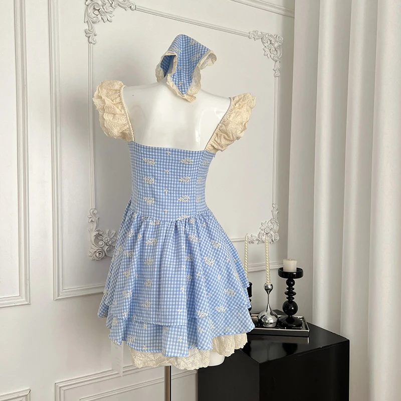 فستان قصير منقوش من MEXZT Kawaii للنساء فساتين مرقعة من الدانتيل مكشكشة للحفلات صيفية كلاسيكية بأكمام طائرة فساتين ضيقة