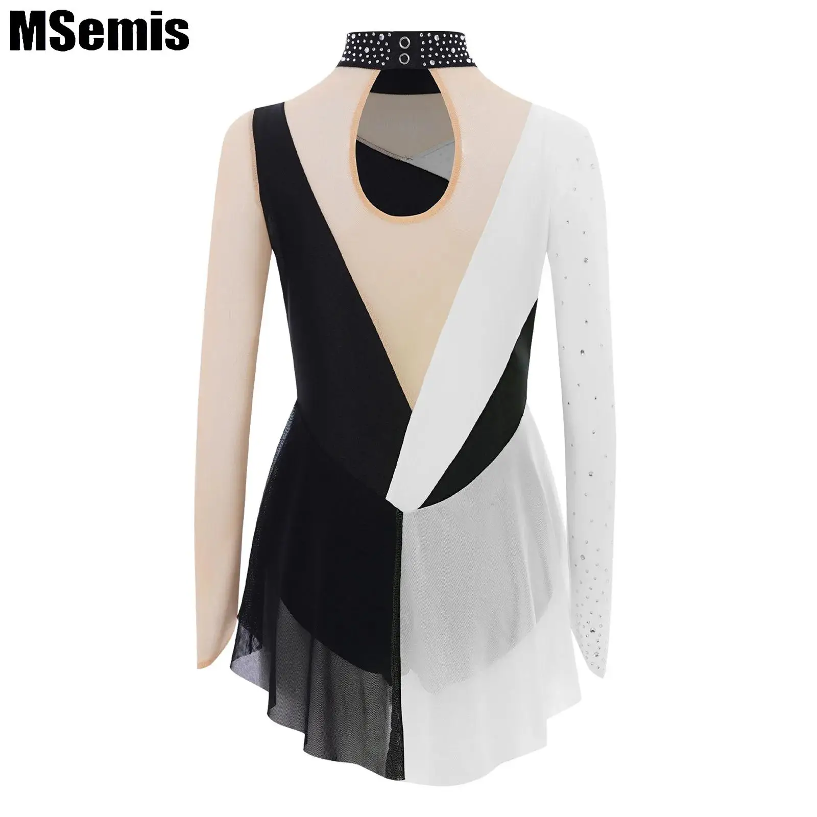 Traje de baile de Ballet y gimnasia para niñas, vestido de leotardo de patinaje artístico, mono lírico rítmico de malla transparente de manga larga con diamantes de imitación
