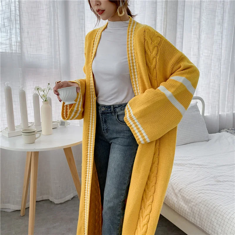 LANMREM 2024 Spring New Long Style Cardigan For Women Loose Striped Patchwork Casual Knitted Sweater Popular Coat PC425