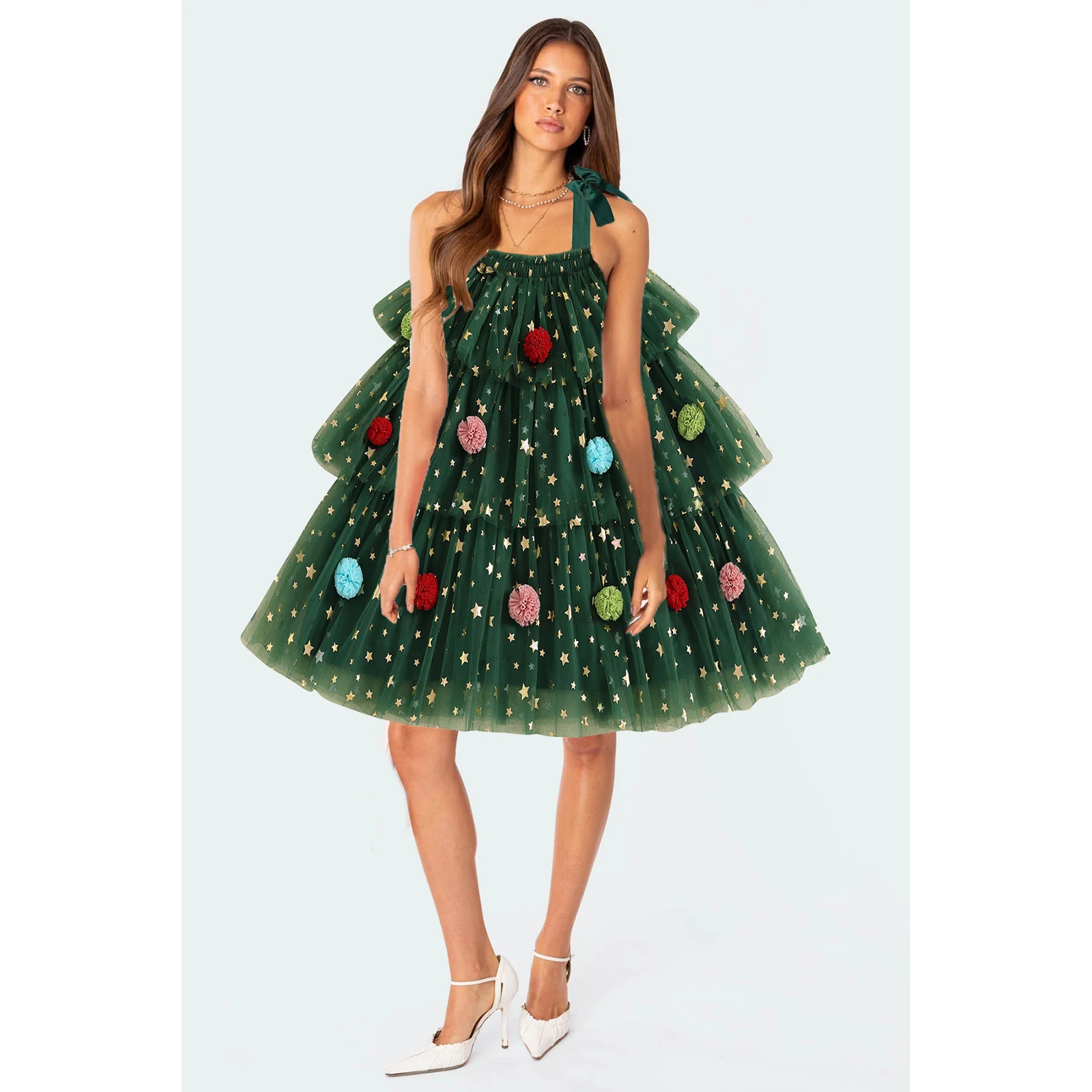 Frauen Mädchen Weihnachten Kleider Krawatte Up Stern Pailletten Mesh Patchwork A-linie Layered Tüll Kleid Weihnachten Party Kostüme