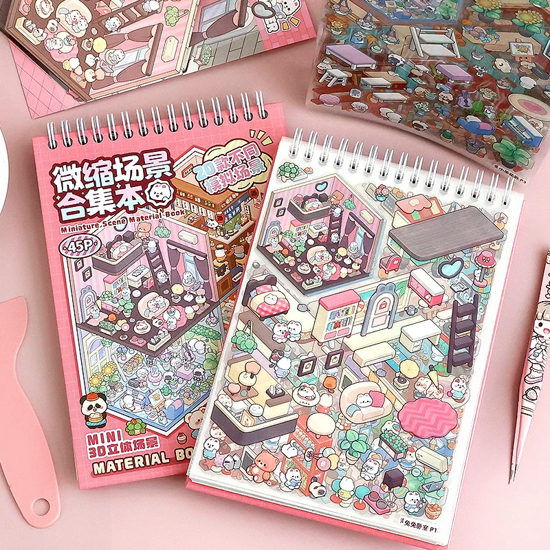 45Pcs Cartoon Landscape Sticker Book DIY 3DMiniature Scene Collection 1.0 Stickers Gift for Kid Child kawaii stationery stickers