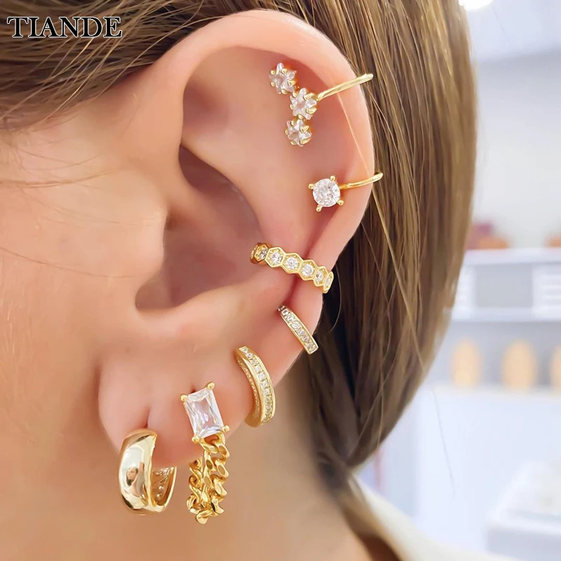 TIANDE Gold Color Earrings Set for Women Boho Fake Piercing CZ Zircon Women's Hoop Clip Earrings 2022 Fashion Jewelry Wholesale