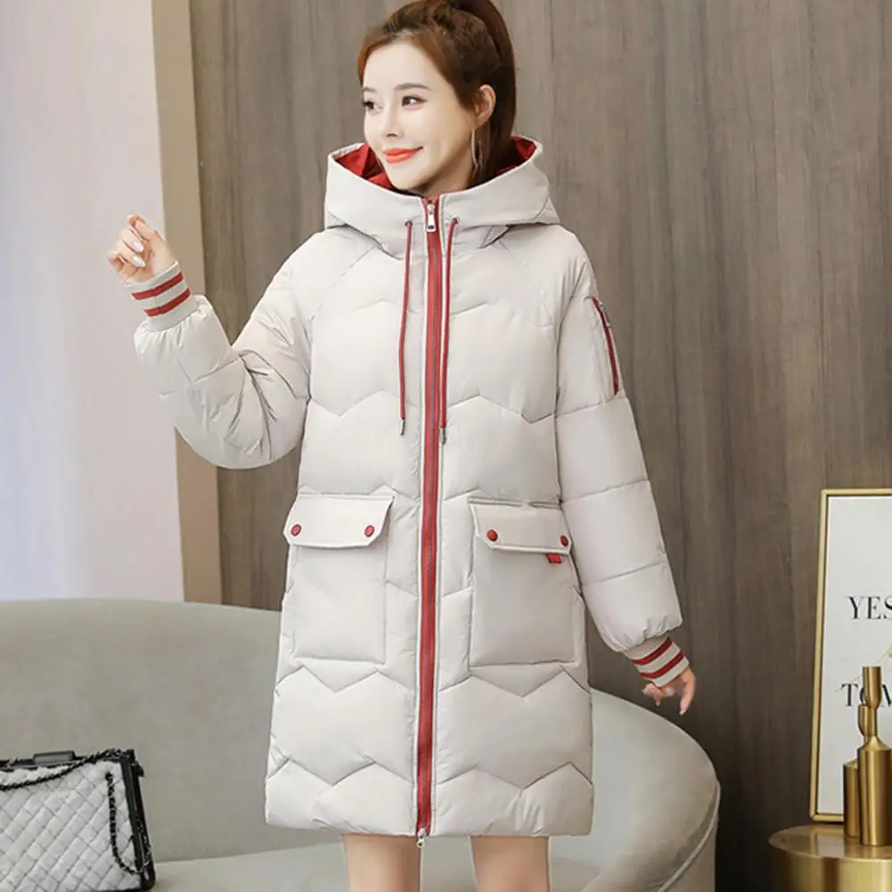 Women Hooded Winter Coat Ribbed Cuff PocketsCotton Padded Drawstring Mid Length Loose Parkas Cotton Outwear Winter Lady Overcoat