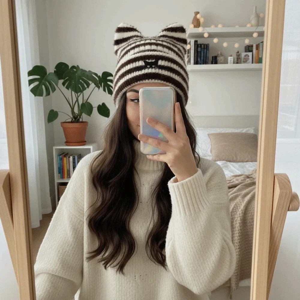 أزياء الدفء النساء القط الأذن محبوك قبعة الباردة والدليل على يندبروف المطرزة قبعة سميكة غطاء للأذن قبعة الرياضة في الهواء الطلق #4