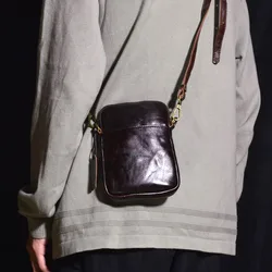 AETOO   Retro mini phone bag Casual leather crossbody bag vertical male baothead layer soft cowhide shoulder bag youth fold