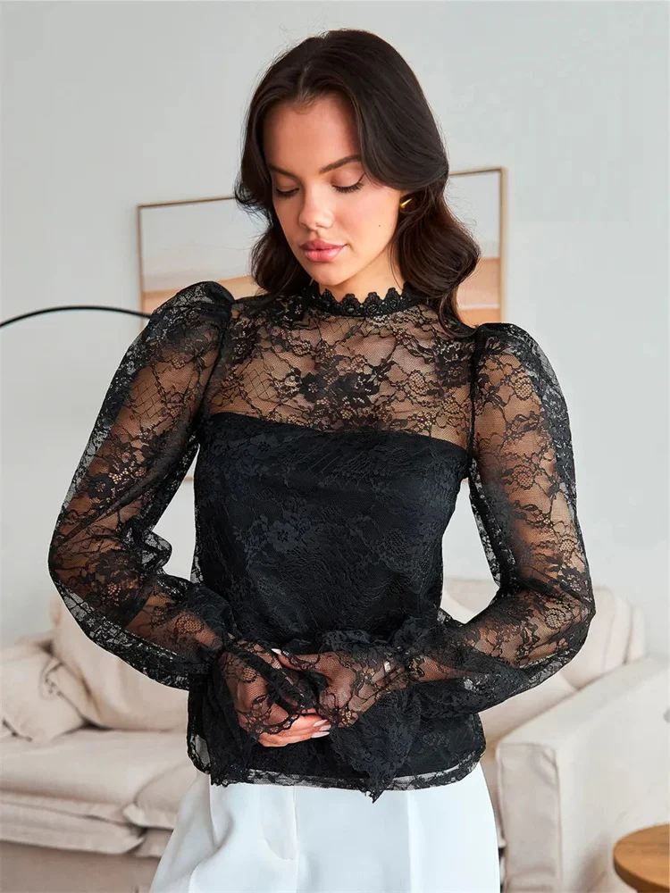 

Tossy White Lace Patchwork Shirts Top Women's Long Sleeve Printed See-Through Commute Blouse Female Lace Hollow Out T-Shirts New