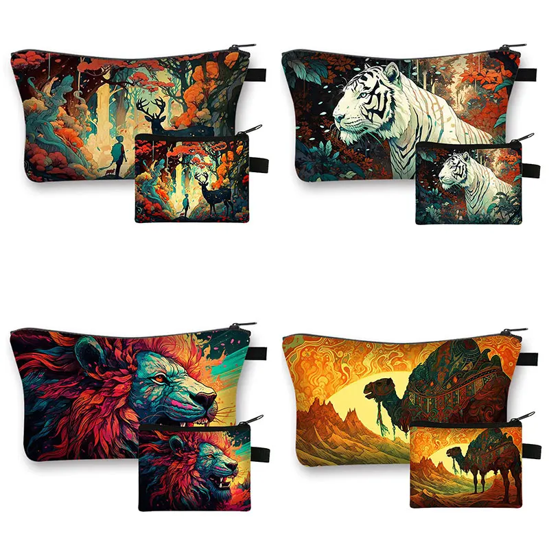 2PCS Abstract Paint Tiger Lion Camel Pattern Cosmetic Case Women Toiletry Bags Casual Makeup Bag for Travel Portable Coin Bags