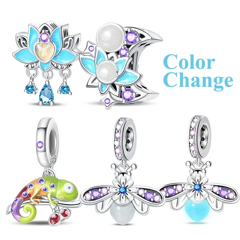 925 Silver Color Luminous Color Changing Series-Blue Lotus Charms Beads Original Bracelet DIY Charm for Women Jewelry Gifts