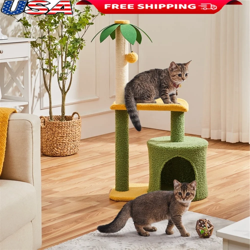 

Coconut Palm Cat Tree with Scratching Post Multi-Level Cozy Platform Bending Perch Fun Dangling Ball Cat Condo Stress Relief