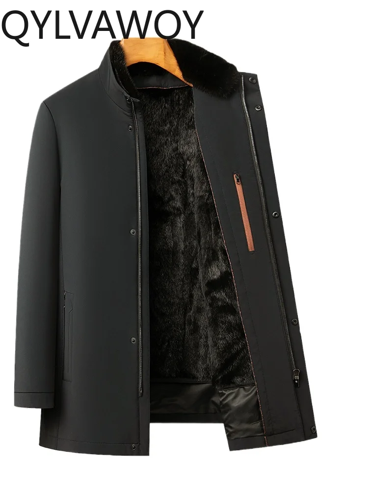 

QYLVAWOY Winter Men's Parka with Mink Fur Liner Shearling Niekefu (Fur-Lined Coat) Middle-Aged Dad's Outfit Outerwear LJ2539