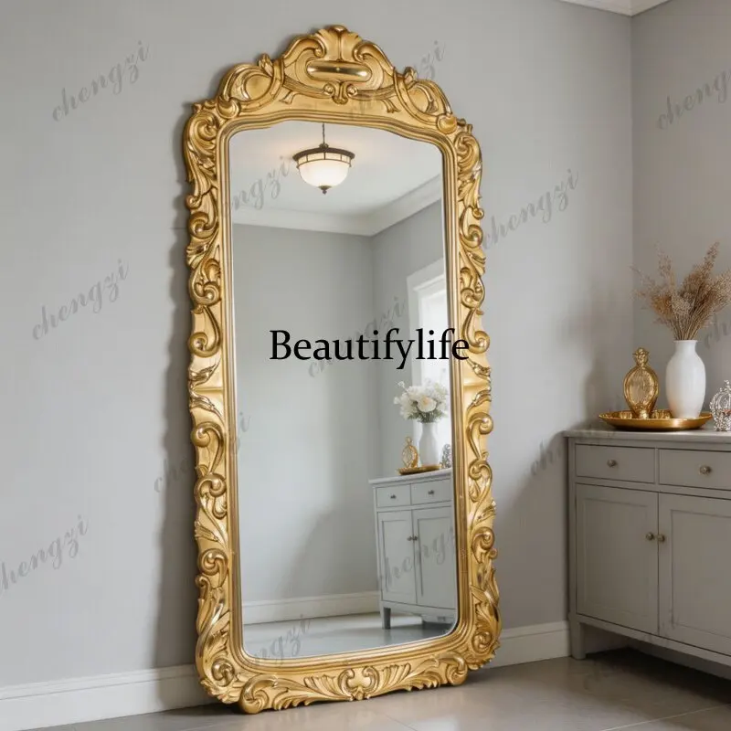 European retro carved rectangular full-length mirror wall hanging living room bedroom decorative mirror light luxury