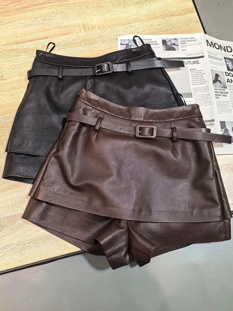 Top Quality Ladies Solid Color High Waist Genuine Leather Shorts Sweet Style Slim Sheepskin Sashes Buckle Short Trousers