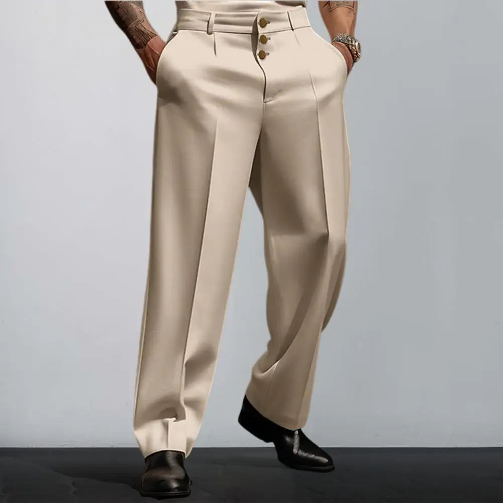 Pantalones de traje de Color sólido para hombre, pantalones de traje rectos elegantes con bolsillos suaves, cierre de botón, estilo Formal de negocios para oficina