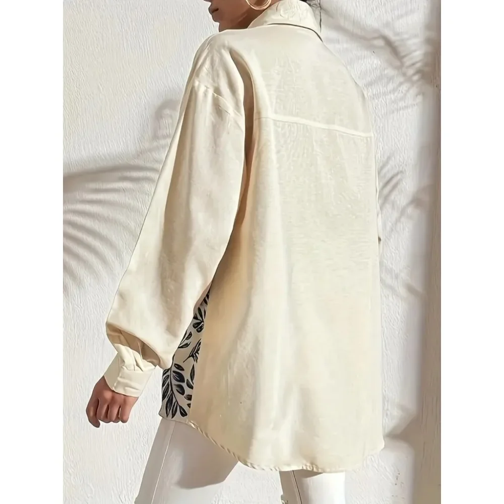 سترة ذات شراشيب مقاس كبير: معطف بياقة نباتية مطبوع عليه نباتي مع حاشية متدفقة لطبقات غير رسمية في أوائل الخريف والزي المريح