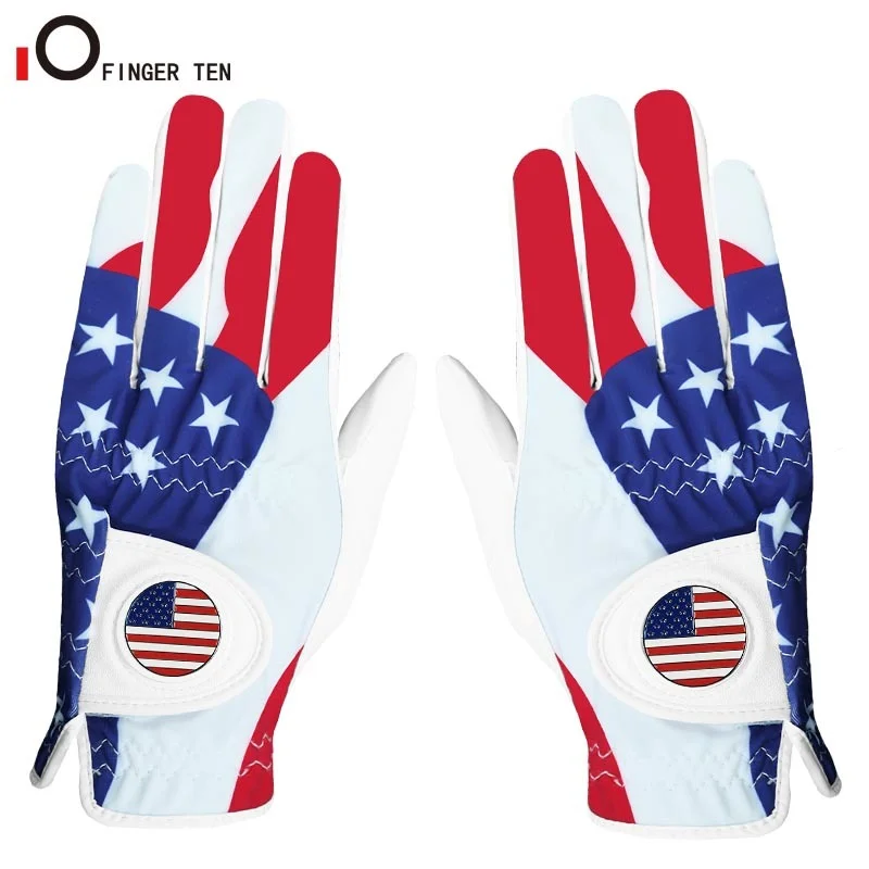 New Soft  Breathable Golf Gloves Men Leather Left Hand Right Hand Pair with Removable Usa Flag Ball Marker