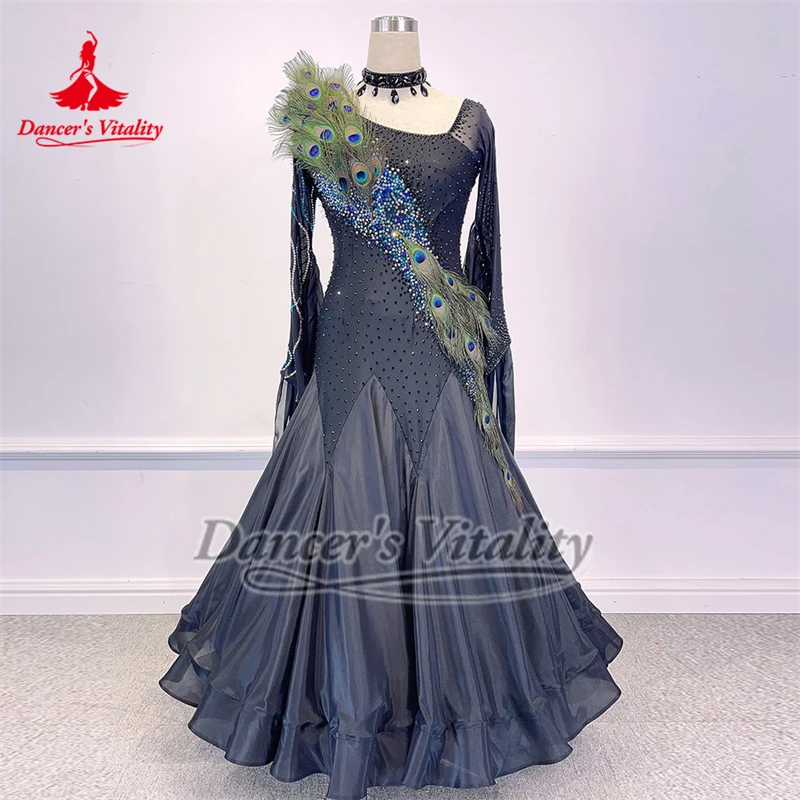 Foxtrot valse bleu marine manches longues robes de plumes de paon collier inclus personnaliser danse sociale vitalité de danseur vêtements