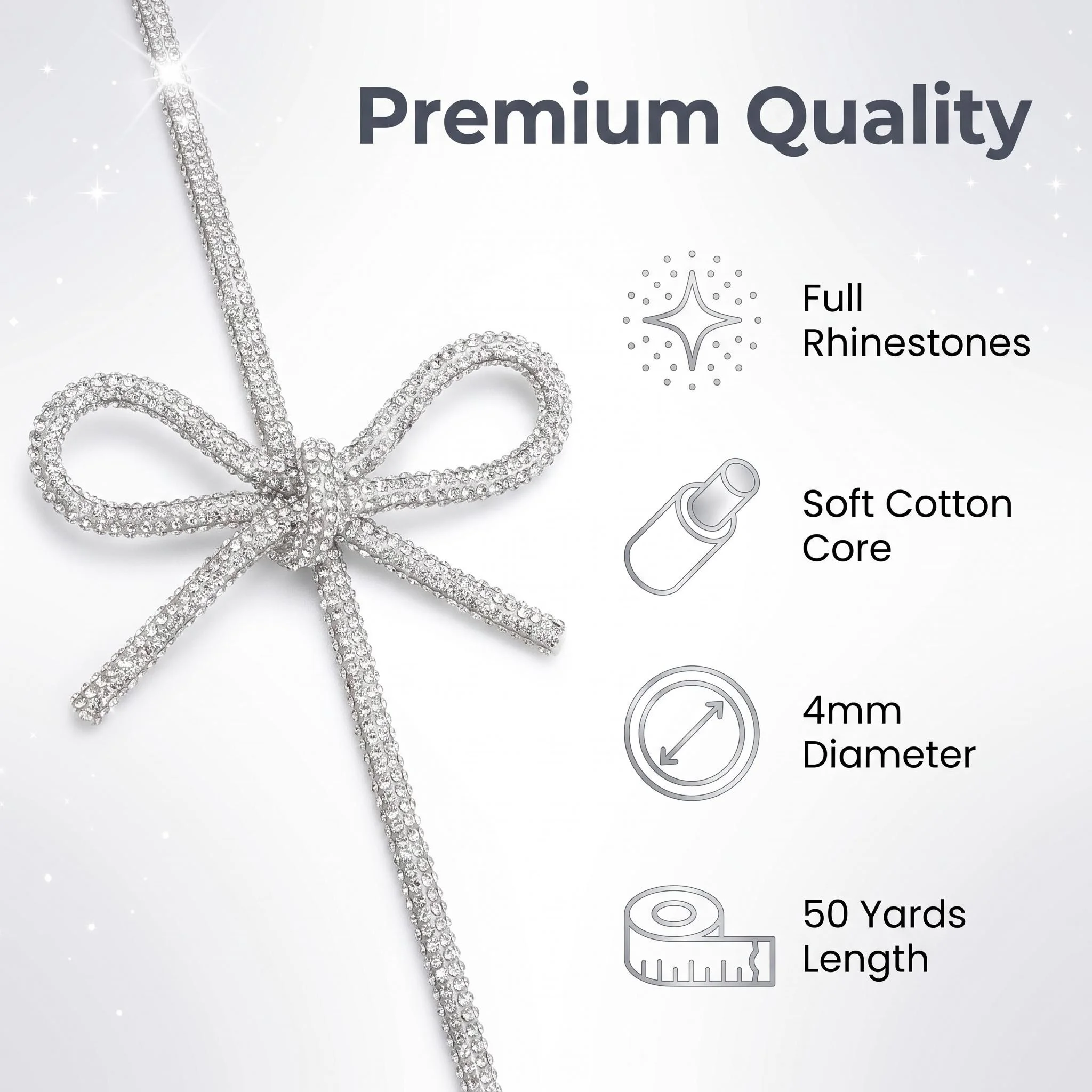 White Crystal Rhinestone Cord 4mm Cotton Core Rope Trim 10-50 Yards for Sewing Clothing Bags Hats DIY Crafts