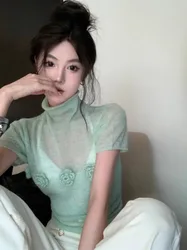 Sueter Mujer Sueters De  Mint Green 3D Flower Knitted Shirts Summer High Collar Thin Perspective Top Korean Sweater Women