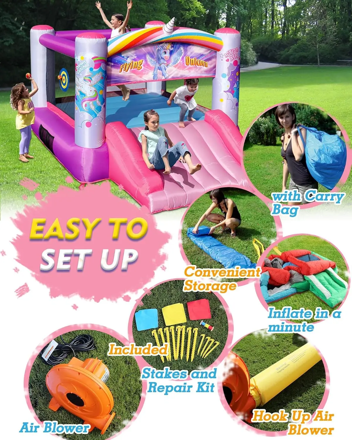 Casa de rebote, Casa de rebote inflable de princesa con soplador, Casa hinchable rosa para niñas, Castillo hinchable con tema de unicornio volador, Dur