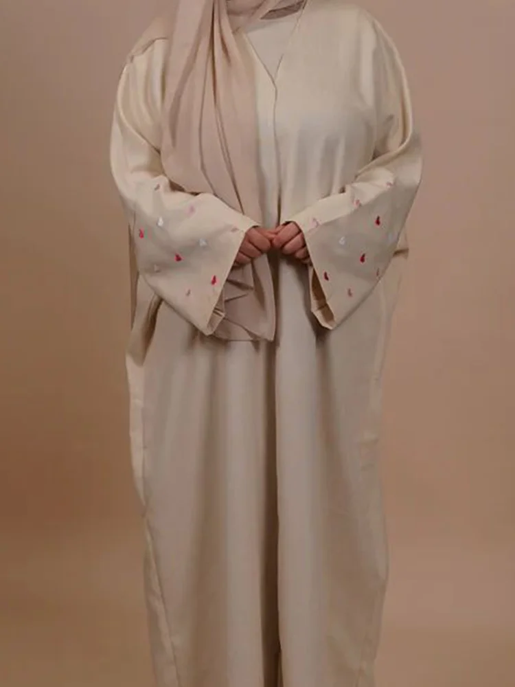 Eid Linen Abaya One Piece Open Cardigan with Heart Design Bat Sleeve Muslim Women Outwear 2024 Ramadan Dubai Arabic Kimono