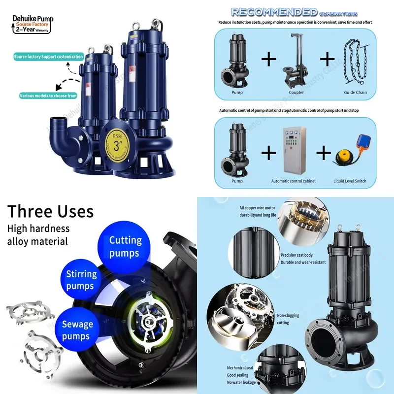 Heavy Sewage Minning Water Pump Supplier Dehuike High Lift 6 Inch WQ Single Phase Submersible Sewage Pump with Cutter