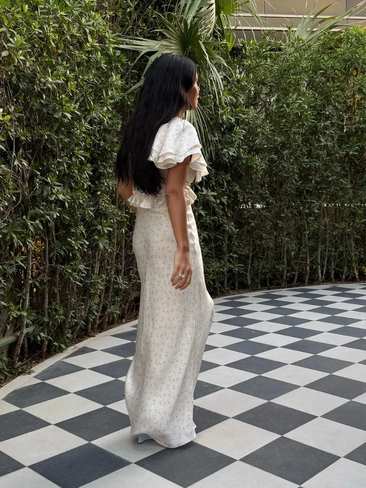 فستان نسائي أنيق مكشكش بخصر عالٍ مزين بالزهور موضة مطبوعة بأكمام قصيرة مضيئة ورقبة على شكل حرف v بقصة ضيقة ملابس ماكسي فيستدو للسيدات للحفلات