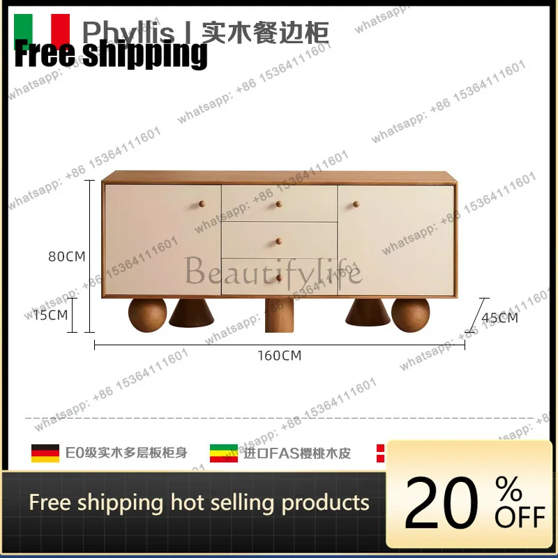 Nordic solid wood dining side cabinet, living room wall decoration tea cabinet, antique multi-functional storage cabinet