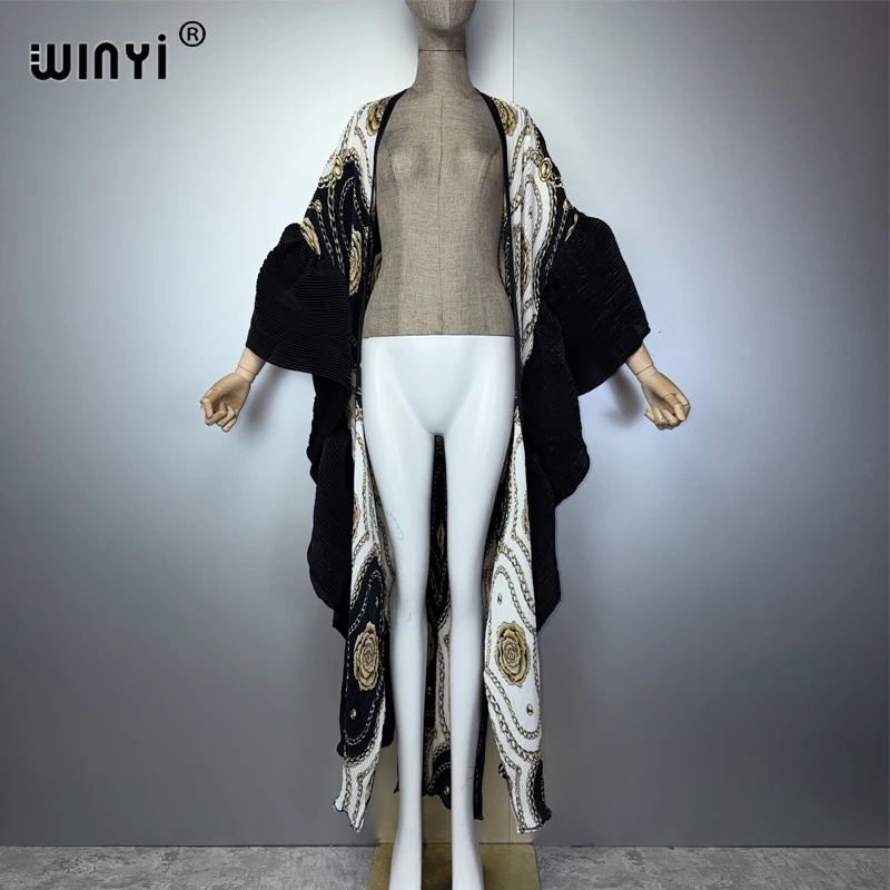 WINYI Women's Fashion Kimono Long Sleeve Cardigan Printed Bubble Hem Boho Dress Cover up Caftan Luxury Beachwear Abaya Dubai Sty