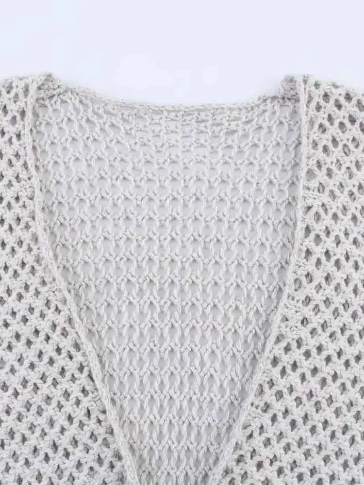 สไตล์ยุโรปใหม่ของผู้หญิงแฟชั่นอารมณ์ที่เรียบง่ายและหลากหลายคอวีเข็มขัดกลวงถักคาร์ดิแกน