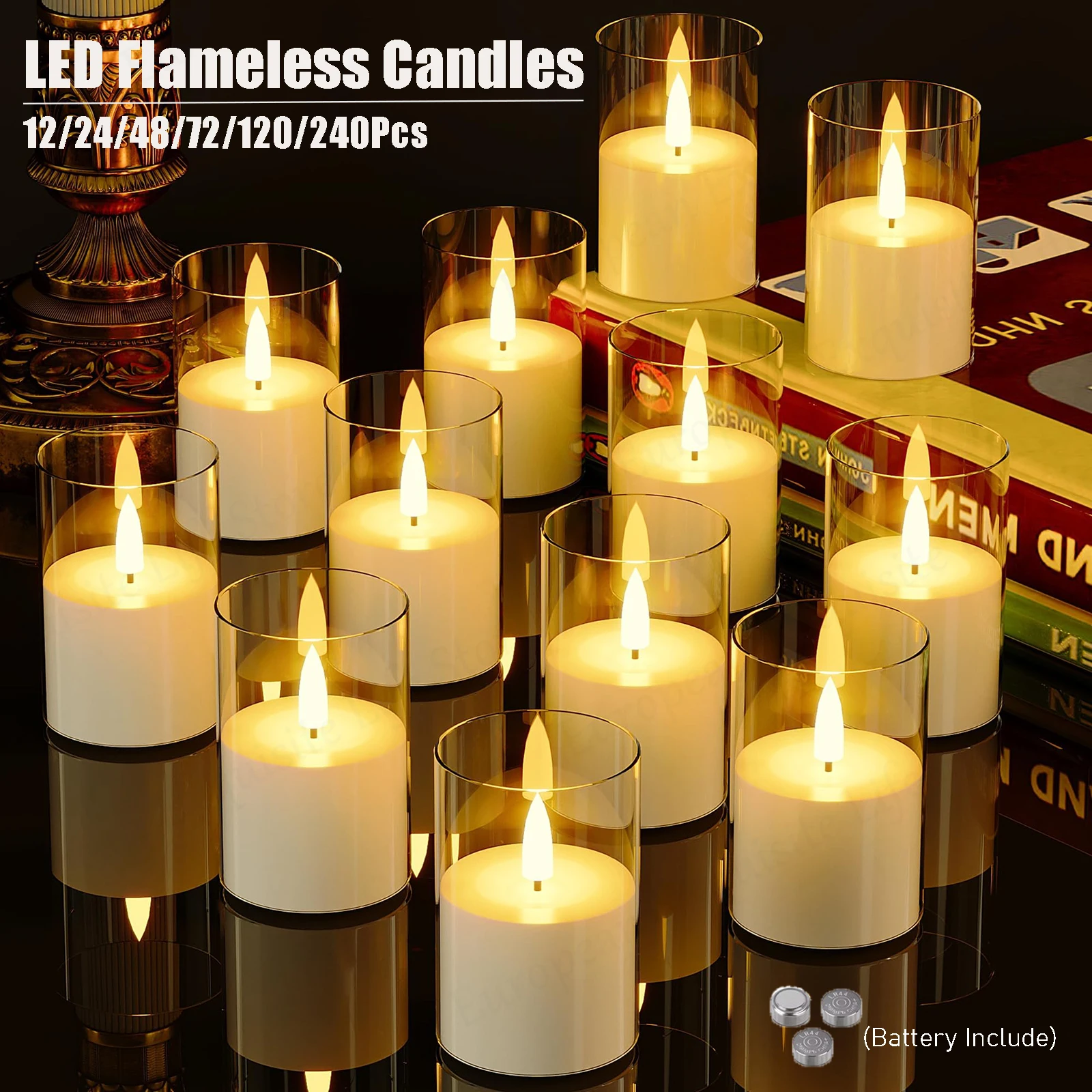 12-240Pcs LED Flameless Candles Bulk with Battery 3D Flickering Pillar Candles 2