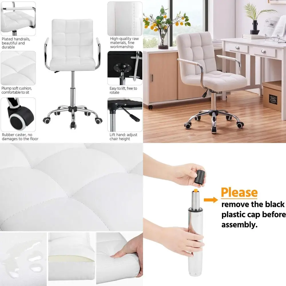 

White Ergonomic PU Leather Swivel Chair with Wheels and Armrests for Home Office Use