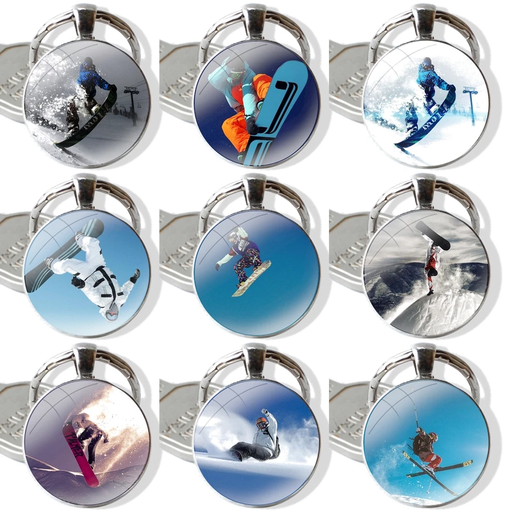 Glass Metal Pendant Key Chain Classic Men Women Key Ring Accessories Jewelry Gifts Sports Snowboarding