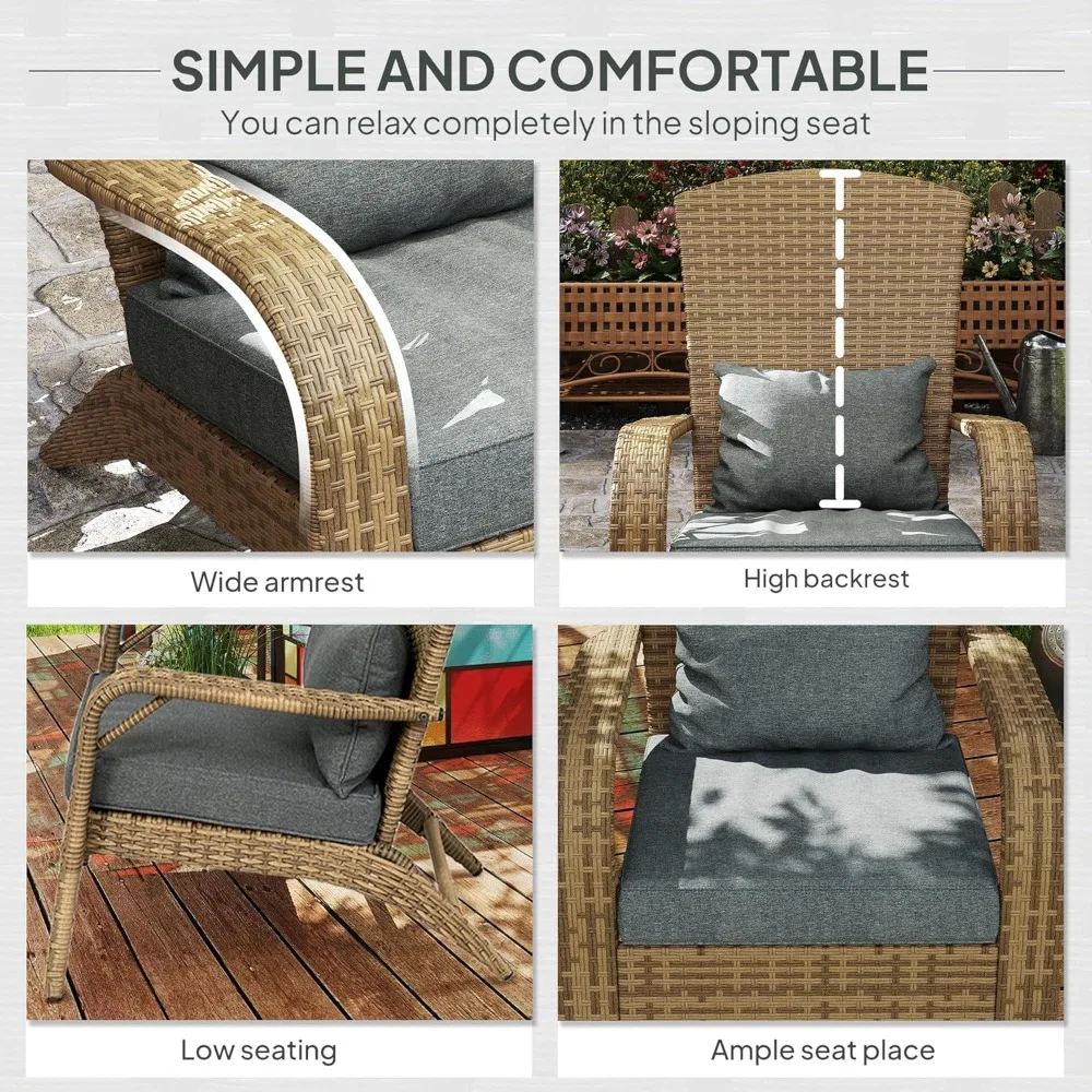 كرسي آديرونداك من Outsunny Patio Wicker، كرسي حفرة النار من الروطان مناسب لجميع الأحوال الجوية في الهواء الطلق مع وسائد ناعمة ومسند ظهر منحني طويل القامة وC