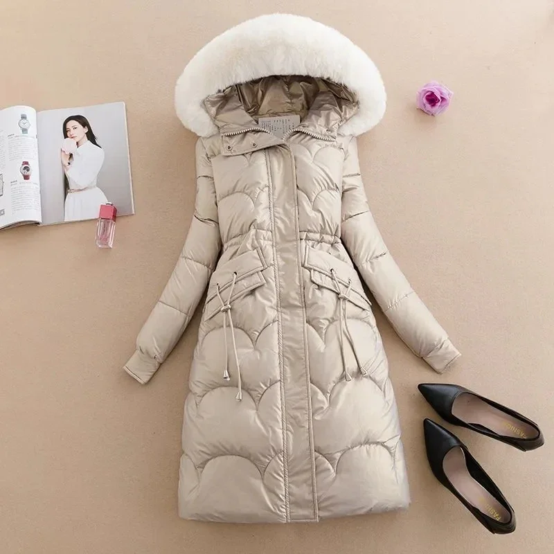 

Down Cotton Coat Women 2023 New Over Knee Glossy Fashion Loose Winter Jacket Female Parkas Thick Hooded Fur Collar Padded Coats