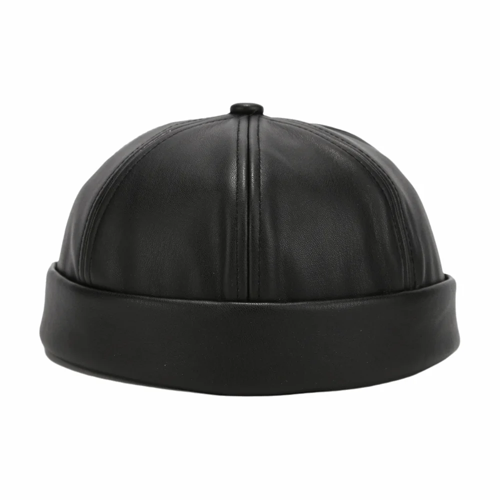Fashion Leather Brimless Round Landlord Hat Adjustable Retro Melon Skin Hat Simplicity Solid Color Trendy Cap Unisex