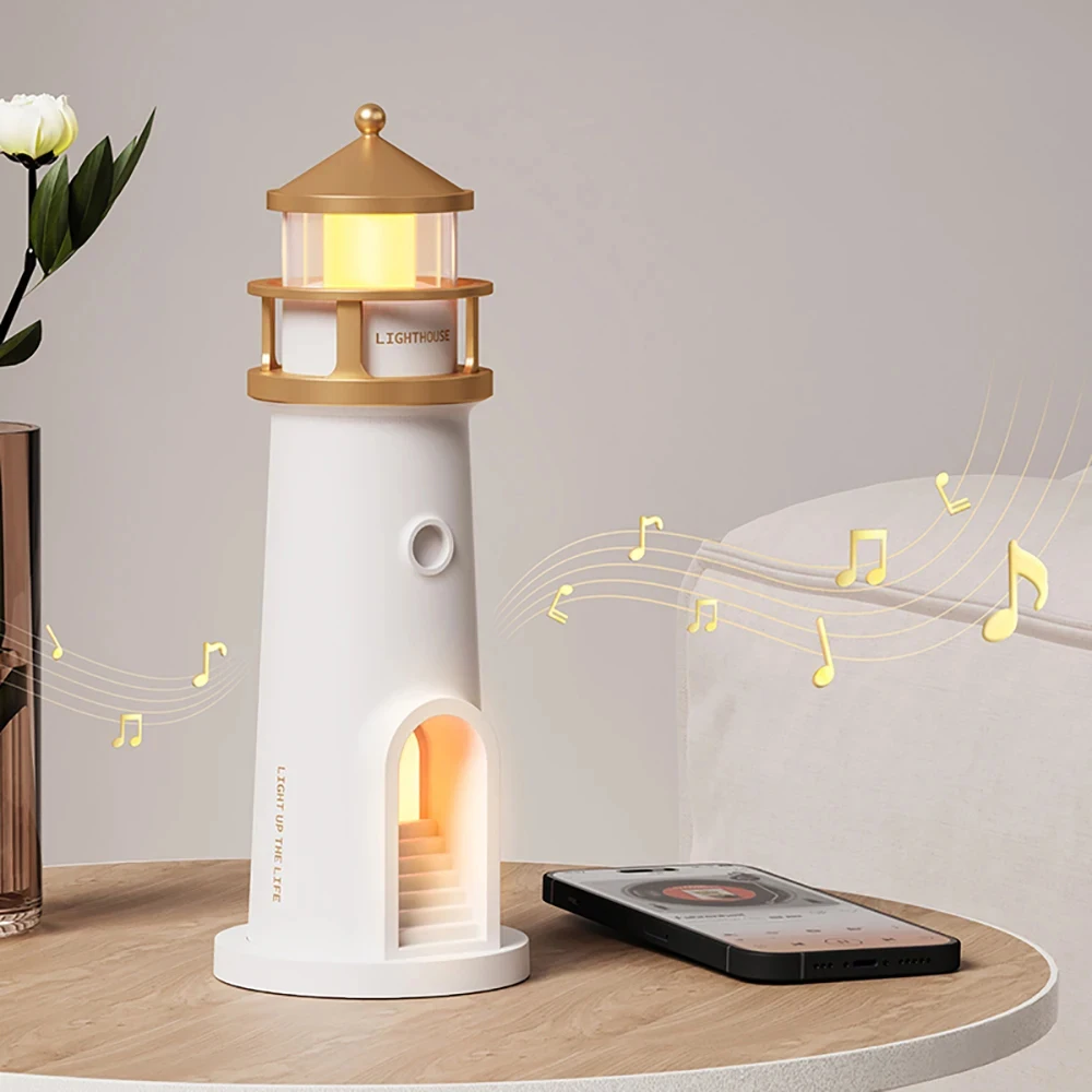 LED Moon Projection Lighthouse Body Induction Dimmable Ambient Night Light Bluetooth Speaker Desktop Decoration Light for Gift