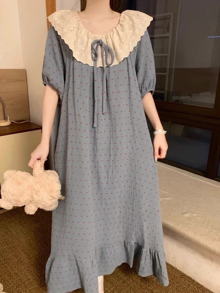 Summer plus Size Spwear Women's Loose ort Sve Lace Dr Sweet Sle Casual Long Skirt Cotton Polyester Print Home Cl...