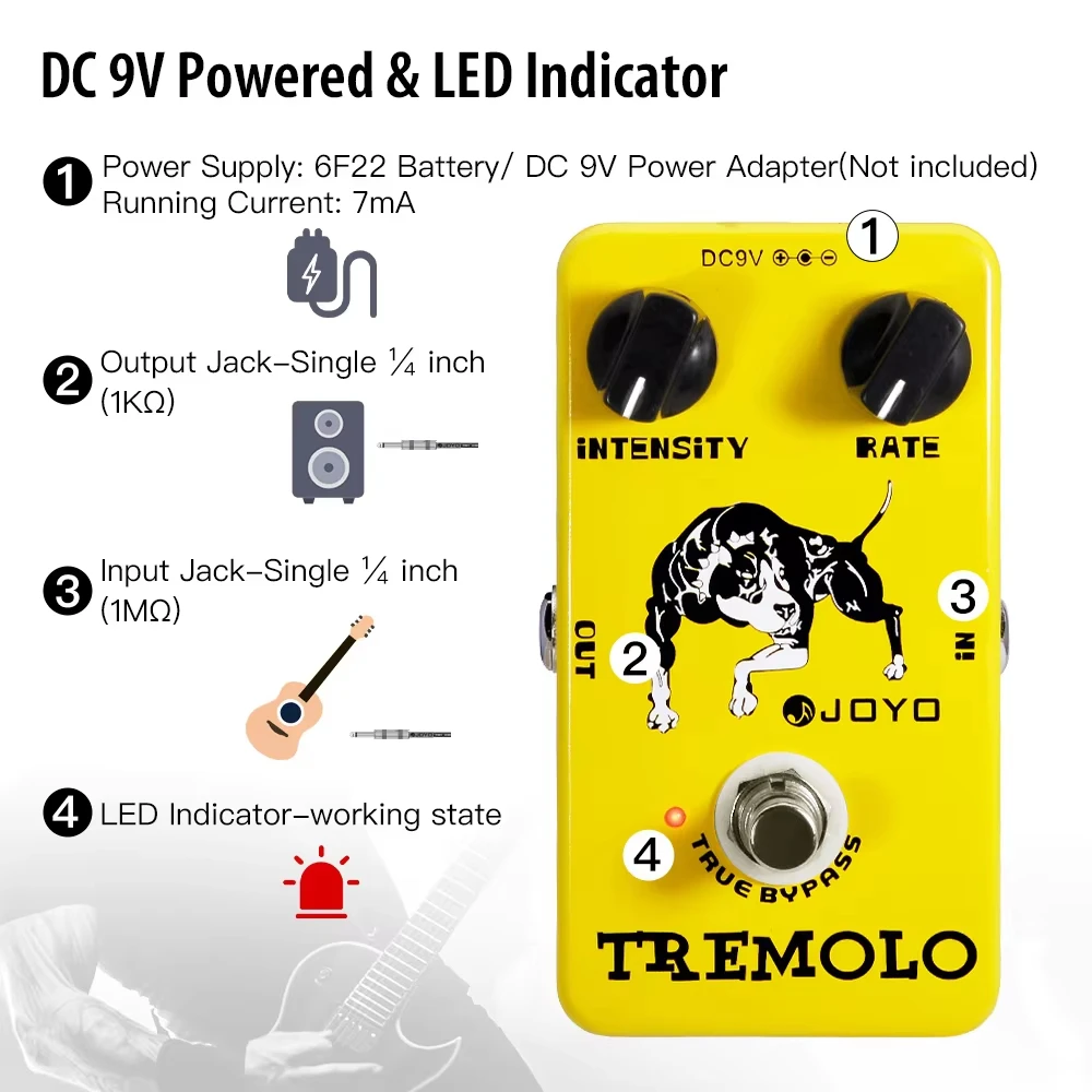 เอฟเฟคกีตาร์ JOYO JF-09 Tremolo ใช้หลอดโฟโตอิเล็กทริคในวงจรคลาสสิกแบบหลอด Tremolo