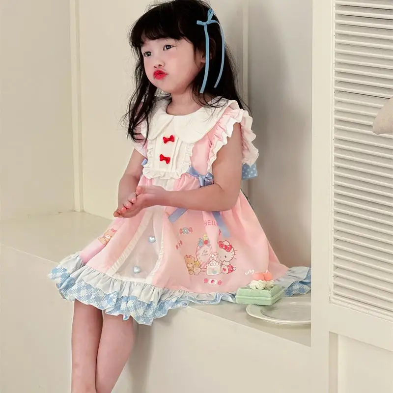 سانريو مرحبا كيتي الأطفال فستان الأميرة Kawaii فتاة فستان دمية تنورة الصيف الاطفال الكرتون أنيمي Bowknot الطباعة Longuette جديد