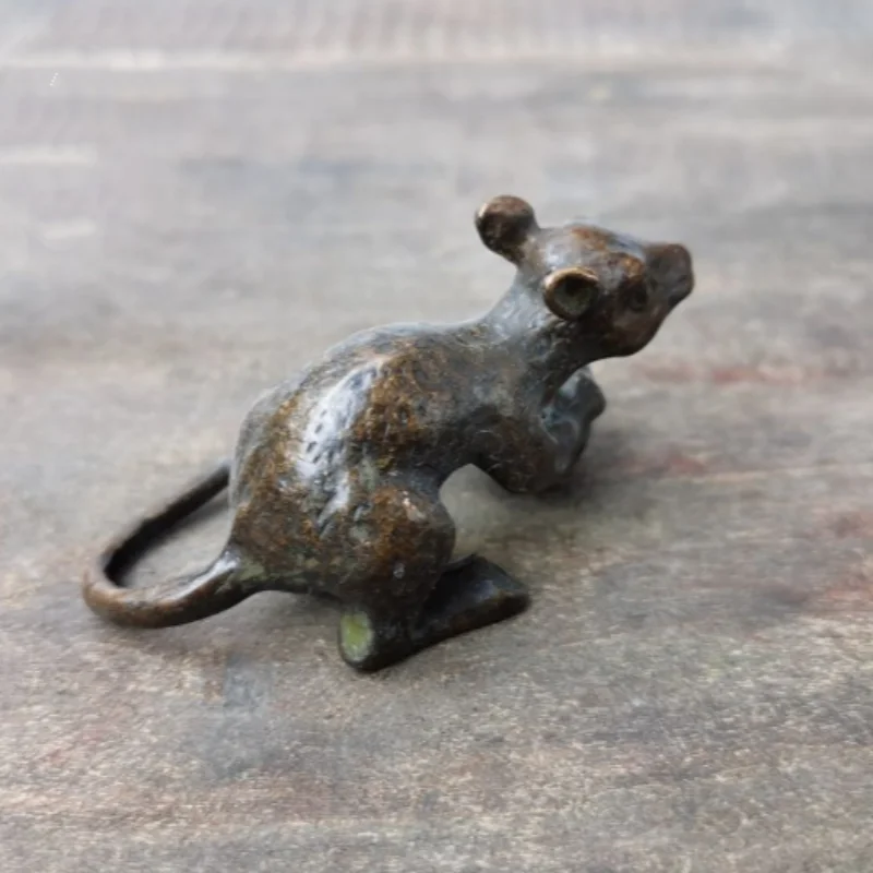 Vintage Bronze Mini Rat Holding Peach Statue - Chinese Zodiac Rat Longevity Ornament for Home Desktop Decor and Collection