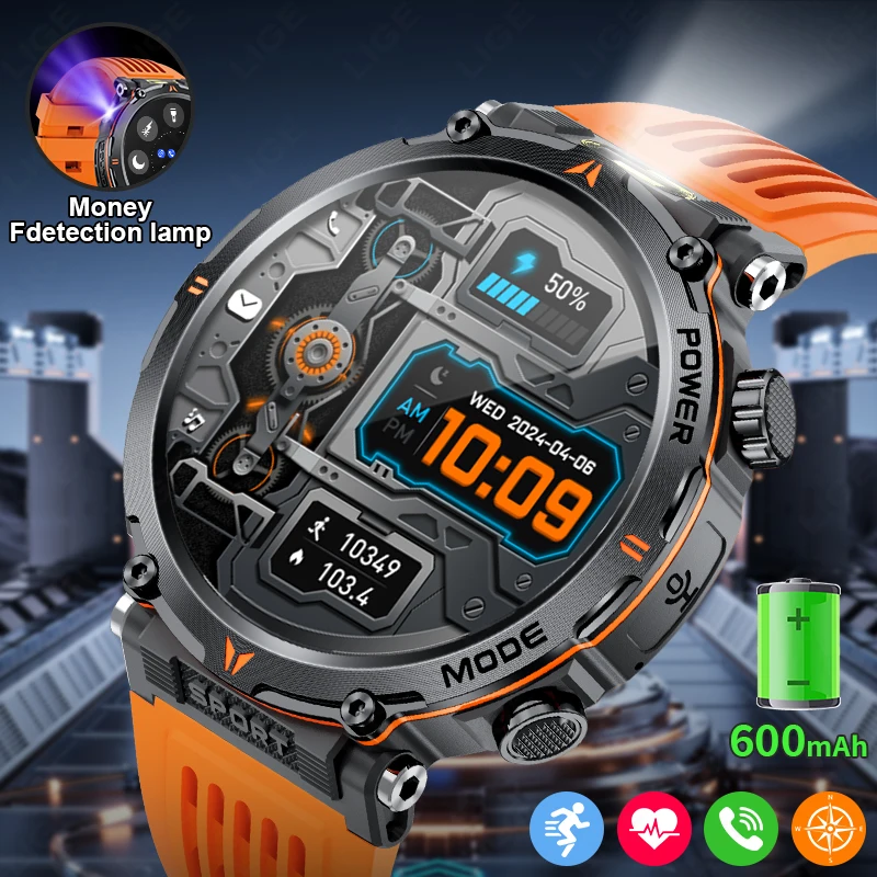 

LIGE 2025 Military Smartwatch Men IP68 Bluetooth Call Outdoor Sports Fitness Track 600Mah LED Light Smartwatch For Android IOS