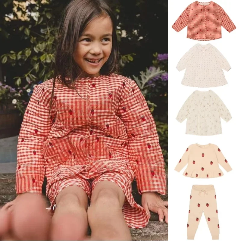 여자 드레스 2025 봄 인쇄 패션 한국어 버전 어린이 드레스 코튼 달콤한 딸기 재킷 아동 의류