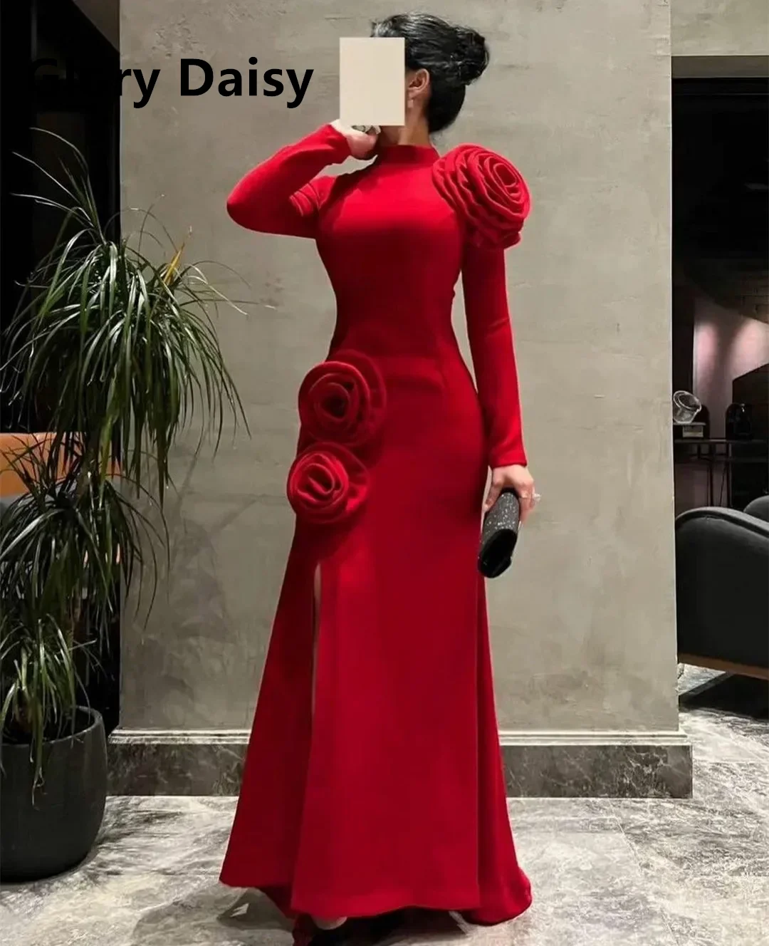 Red Prom Dresses Slit High Neck Hand Flowers Elegant Evening Gowns  Long Sleeve Crepe Formal Occasion Wedding Party Dresses