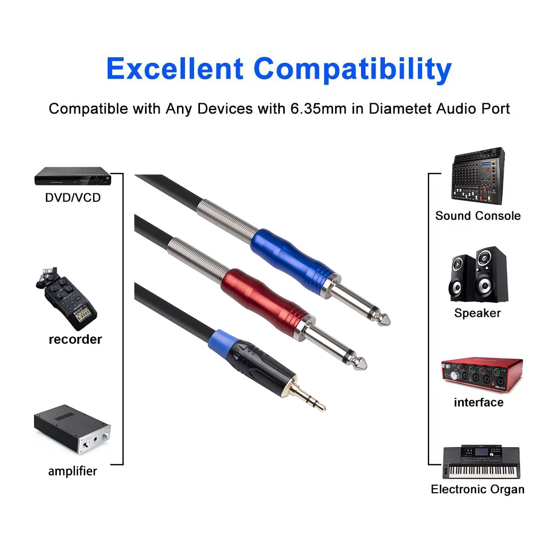 Used for mixing console gold-plated head 6MM dual shielded wire 3.5 revolution dual 6.35 male fork bidirectional audio cable