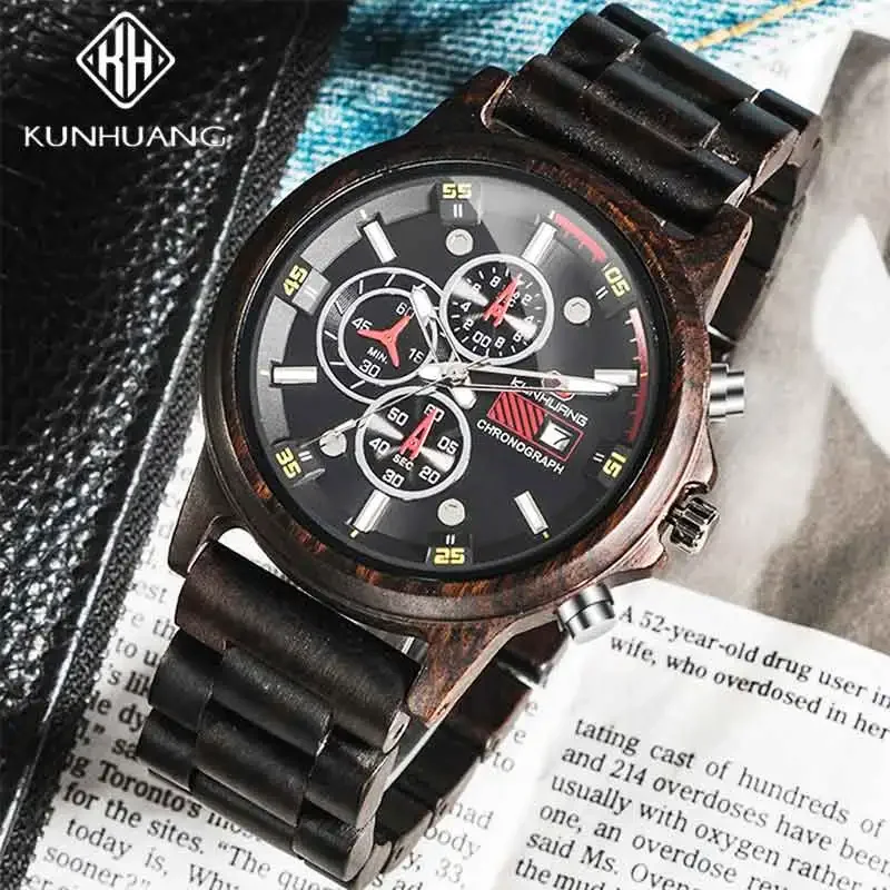 KUNHUANG 1pc Authentic Men's Luxury Watch Natural Wooden Handmade Watch Quartz Movement Chronograph Watch Zebra Wood Case Watch