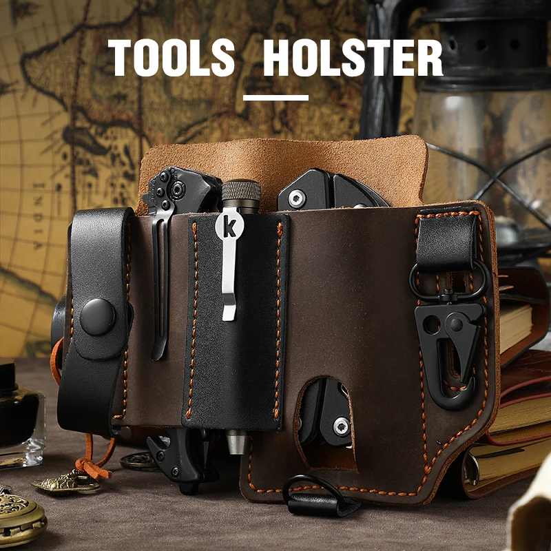 Genuine Cowhide Leather With Buckle Outdoor Portable Tactical Multifunction Belt Holster Pocket EDC Multitool Sheath Hunting Bag